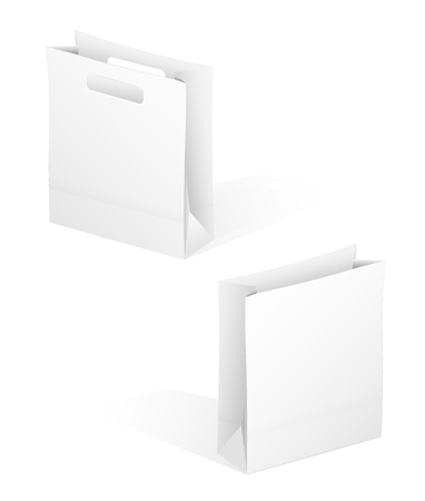 Two Paper empty package for packing goods and shopping in the store. Handles of a different color. Place for text or logo.のイラスト素材