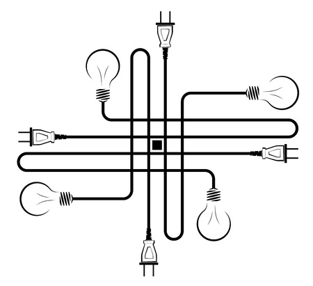 Electric incandescent lamp with wire and plug. Logo for an electrical company. Power supply and energy saving. Black and white logoのイラスト素材