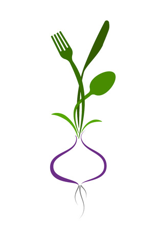 Logo for a cafe, restaurant or menu. Stylized image of a fork, knife and spoon growing from a bulb.のイラスト素材