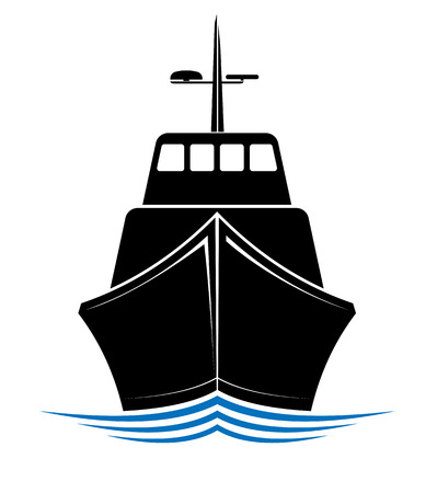 Frontal view of a floating ship, tug or boat. Logo for sea, ocean or river transport company.のイラスト素材