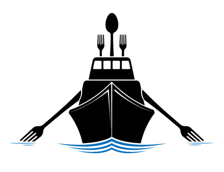 Ship with antennas and oars like forks and a spoon. Emblem or icon for a restaurant, cafe or seafood company.のイラスト素材