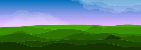 Spring vivid landscape with hills, grass and sky. Clouds and shadows. Seasons of the year spring or summerのイラスト素材