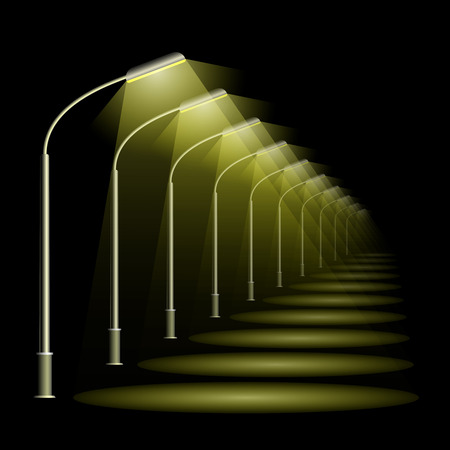 A row of street lamps in perspective. Black night background and warm light lanternsのイラスト素材