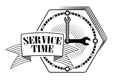 Emblem or logo for car service or repair of cars. Clock with wrenches. Place for text. Technical support or service site.のイラスト素材