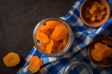 Healthy dried apricot. Procurement for the future. Long storage of vitamin supplements in foodの写真素材