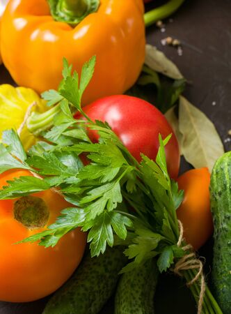 Fresh summer vegetables on the kitchen table. For an article on nutrition or for a recipeの写真素材