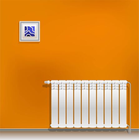 Modern aluminum heating battery hanging on a orange blank wall. Housing heating in the winter. Heat savingのイラスト素材