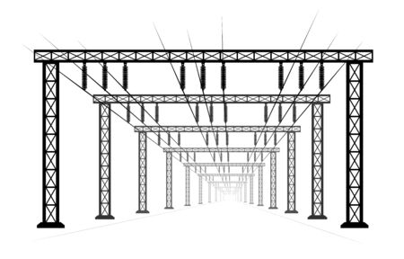 The power line pictured in perspective. High voltage and high power. Electricity and power supply.のイラスト素材