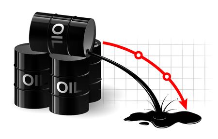 The chart of the fall in the oil price. Black liquid pouring out of the barrel. Very low fuel price.のイラスト素材