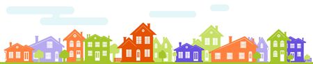 A charming street in the U.S. with houses of different design and architecture. Many options of windows and doors. A header for a website or an article about real estate. A wide panorama.のイラスト素材