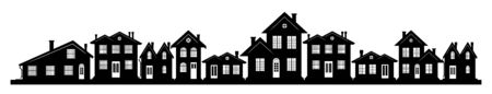 A charming street in the U.S. with houses of different design and architecture. Many options of windows and doors. A header for a website or an article about real estate. A wide panorama.のイラスト素材