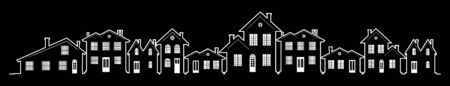 A charming street in the U.S. with houses of different design and architecture. Many options of windows and doors. A header for a website or an article about real estate. A wide panorama.のイラスト素材