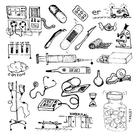 Medicine or hospital. Treatment of patients or taking samples of tests in people. Fighting the virus. Doodle. A set of hand-drawn images.のイラスト素材