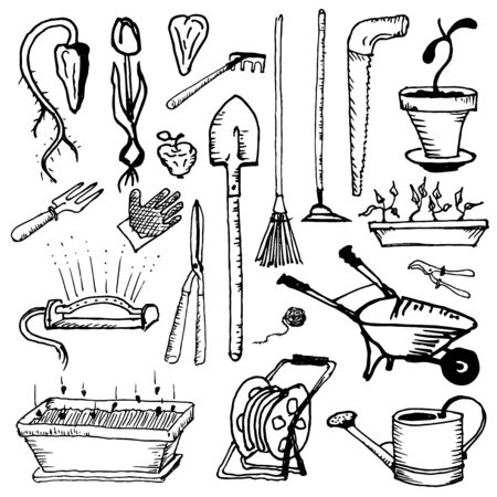 Tools for handling, caring and growing a garden. hobbies of pensioners. Agriculture and hobbies.のイラスト素材