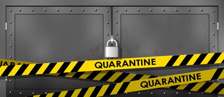 The metal door is locked. Yellow With Black Police Line. Do Not Enter, Danger. Security Quarantine Tapes.のイラスト素材