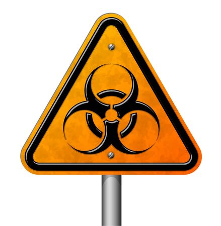 Yellow triangular sign of biological danger. The pointer is dirty on a metal poleのイラスト素材