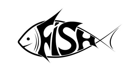 The logo or emblem of the word fish in the shape of fish. Black on white. It is floating to the left.のイラスト素材