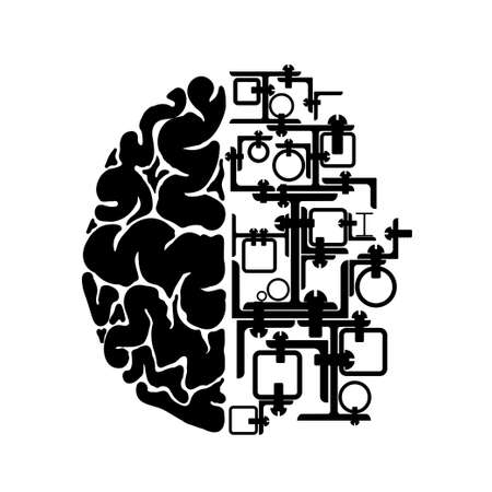 Schematic representation of the human brain. One hemisphere made of rolled metal. Industrial or mechanical logo or emblemの素材 [FY310151419273]