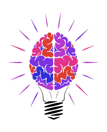 Incandescent lamp in the form of a person brain. The multi-colored human brain. Glow in different directions. Education logo.のイラスト素材