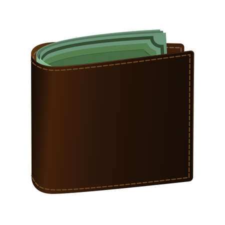 Leather purse brown. Green banknotes are visible in the purse. Logo or icon to pay for goods on the site.のイラスト素材