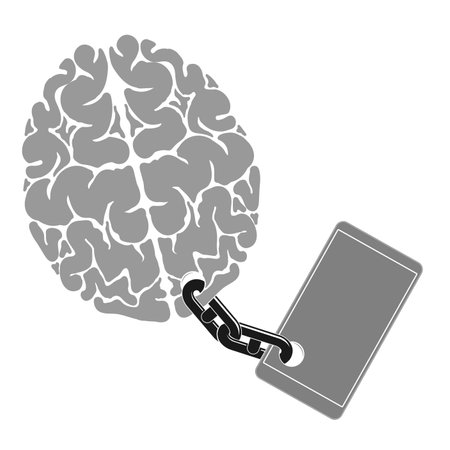An image of the brain chained to the phone. A person dependence on a gadget or cell phone.のイラスト素材