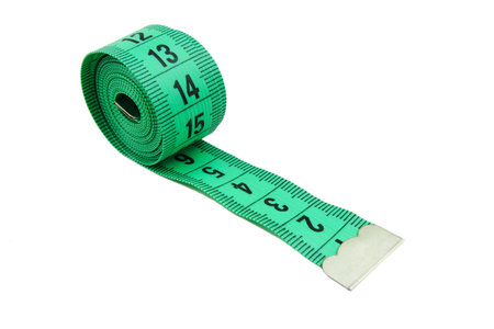 Green tape measure isolated on white background.