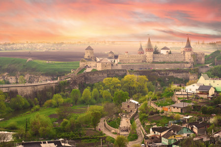 Dramatic view on the castle in Kamianets-Podilskyi in spring. Ukraine