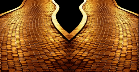Golden path pavement road isolated on black backgroundの写真素材