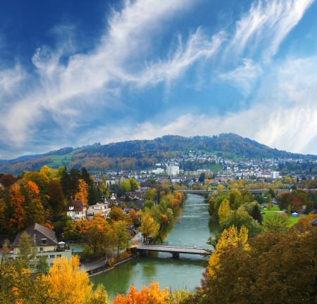 Autumnal view river Aar in Bern, Switzerlandの写真素材