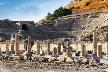 Ruins of ancient amphiteatre and pillars in Ephesus, Celcuk, Turkeyの写真素材