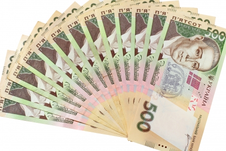 Ukrainian five hundred hryvnya bills arranged in a fanの写真素材