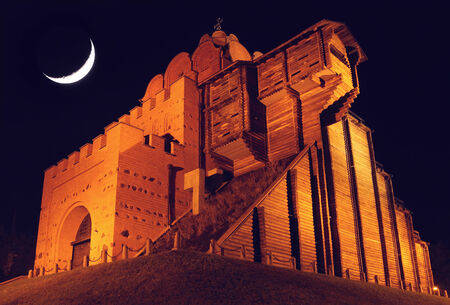 Famous Golden Gates at night in Kiev - one the most visited touristic places of the cityの写真素材