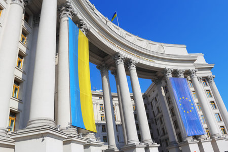 Ministry of Foreign Affairs of Ukraine over blue skyの写真素材