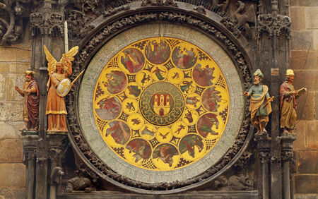 Round ornament on the astrological clock tower in Prague, Czech Republicの写真素材