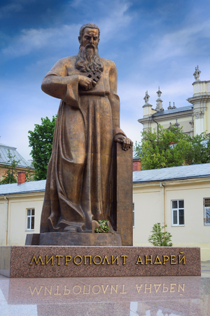 LVOV, UKRAINE - MAY 8, 2016:  Entrance to one of the most popular churches in Lviv - St. George's Cathedral and a newly erected monument of metropolitan Andrey Sheptytskyのeditorial素材