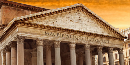 Ancient building of Pantheon in Rome over yellow sunset sky, Italy. Pantheon is very popular among tourists.の写真素材