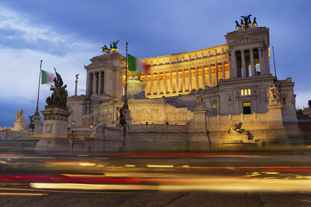 Altare della Patria at night, National Monument to Victor Emmanuel II the first king of a unified Italy, located in Rome, Italyの写真素材