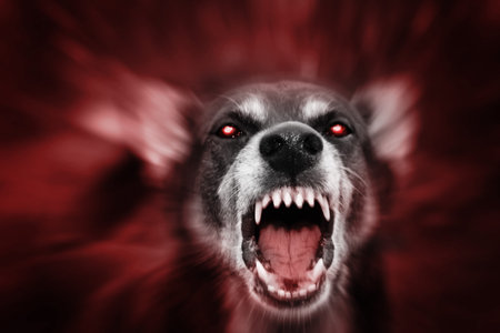 Red glowing eyed dog-like aggressive demonic attacking beast, incarnation of evil, fear and...