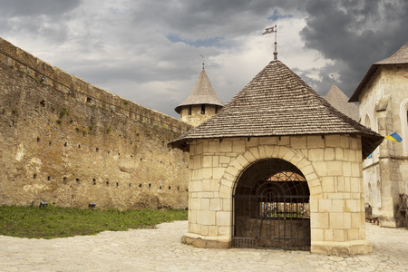 Khotyn, Ukraine - 21 May, 2017: Inside of the Khotyn castle in Ukraine. The castle well is located in the center of the territory.のeditorial素材