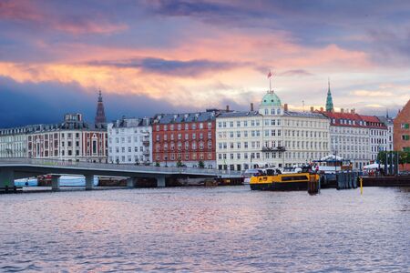 Copenhagen, Denmark - 9 September, 2017: View on evening cityscape of Denmark. Nyhavn street and buildings located on it. Nyhavn street is very touristic street in Copenhagen.のeditorial素材