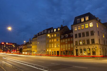 Copenhagen, Denmark, 5 September 2017: Night view on the street lit by traffic lights.のeditorial素材