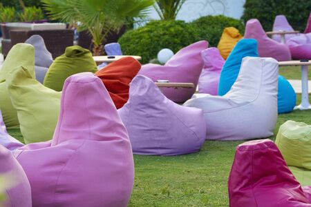 Many colorful bean chairs at local hotel in Turkey, Marmarisの写真素材