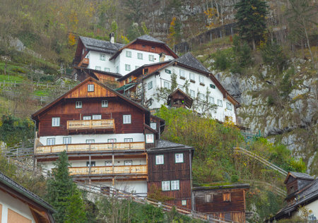 View of Hallstatt mountain village, part of Dachstein-Salzkammergut Cultural Landscapeの写真素材