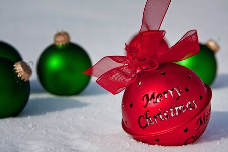 Christmas Ornaments in the Snowの写真素材