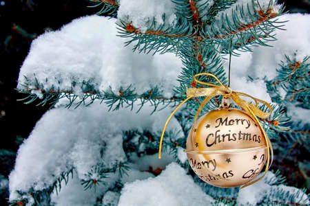 Gold Merry Christmas Ornament Hanging on a Snowy Pine Treeの写真素材