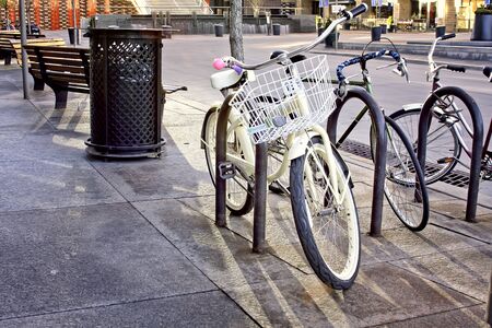 Bikes Park in Front of Denver Millennium Bridgeの写真素材