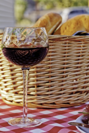 Wine, cheese, grapes and bread picnic on red and white table clothの写真素材