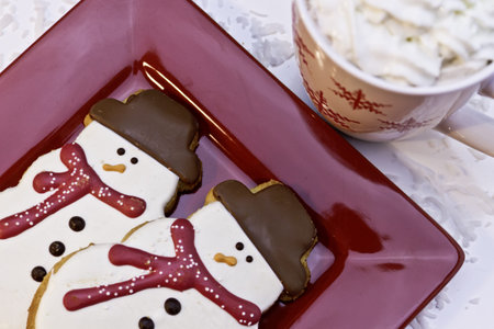 Christmand snowman with red scarves on red plateの写真素材