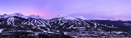 Panorama photograph of the Breckenridge Ski Area in Breckenridge Colorado at sunriseの写真素材
