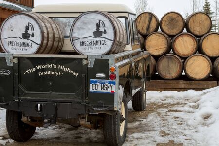 Breckenridge Distillery truck parked in snow with whiskey and vodka barrelsのeditorial素材